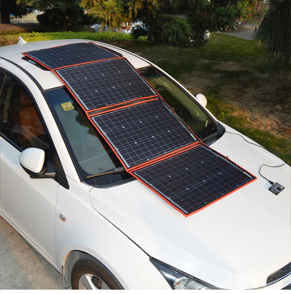 Portable, foldable solar panel for camping, hiking, and charging devices on-the-go.