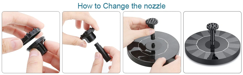 1.5W Solar Fountain, Solar-powered fountain pump with 6 nozzles for ponds, creating a peaceful bird bath atmosphere.