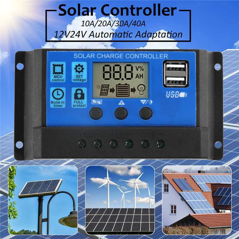 Solar charge controller with microcontroller, adaptable to 12V/24V input, features protection, timer, and voltage control for up to 4 channels.