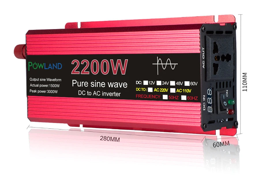 Pure sine wave inverter converts DC power to AC, suitable for solar-powered and car applications.