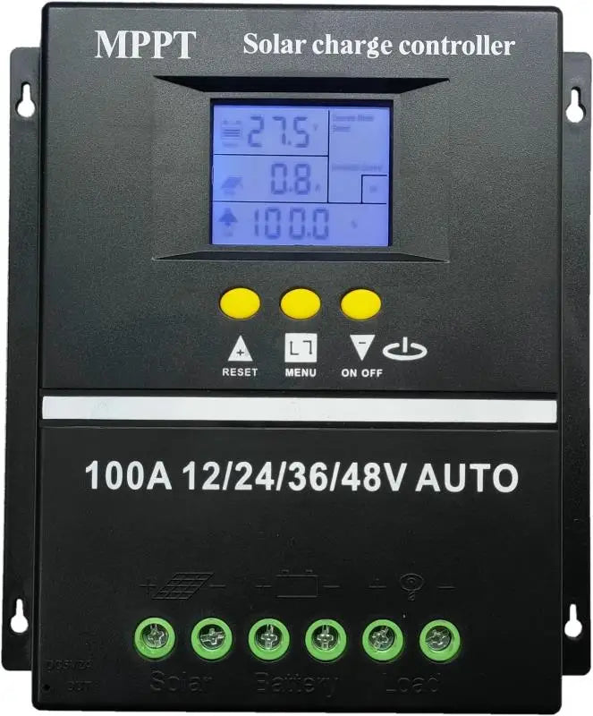 Solar charger controller with reset menu, on/off options, and auto-detection for 12V-48V systems.