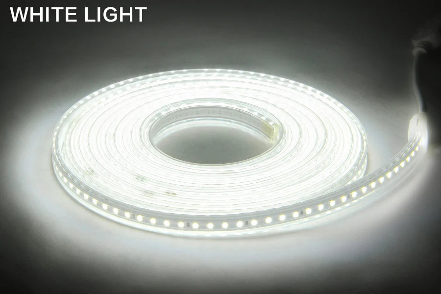Waterproof LED strip light with switch, 120 LEDs/m, high brightness, suitable for kitchen, outdoor, and garden use.