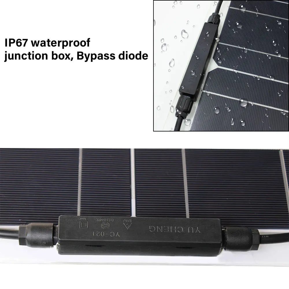 DGSUNLIGHT 100w 200w 12v portable Solar Panel, Waterproof junction box with bypass diode and IP67 rating for reliable performance in outdoor use.