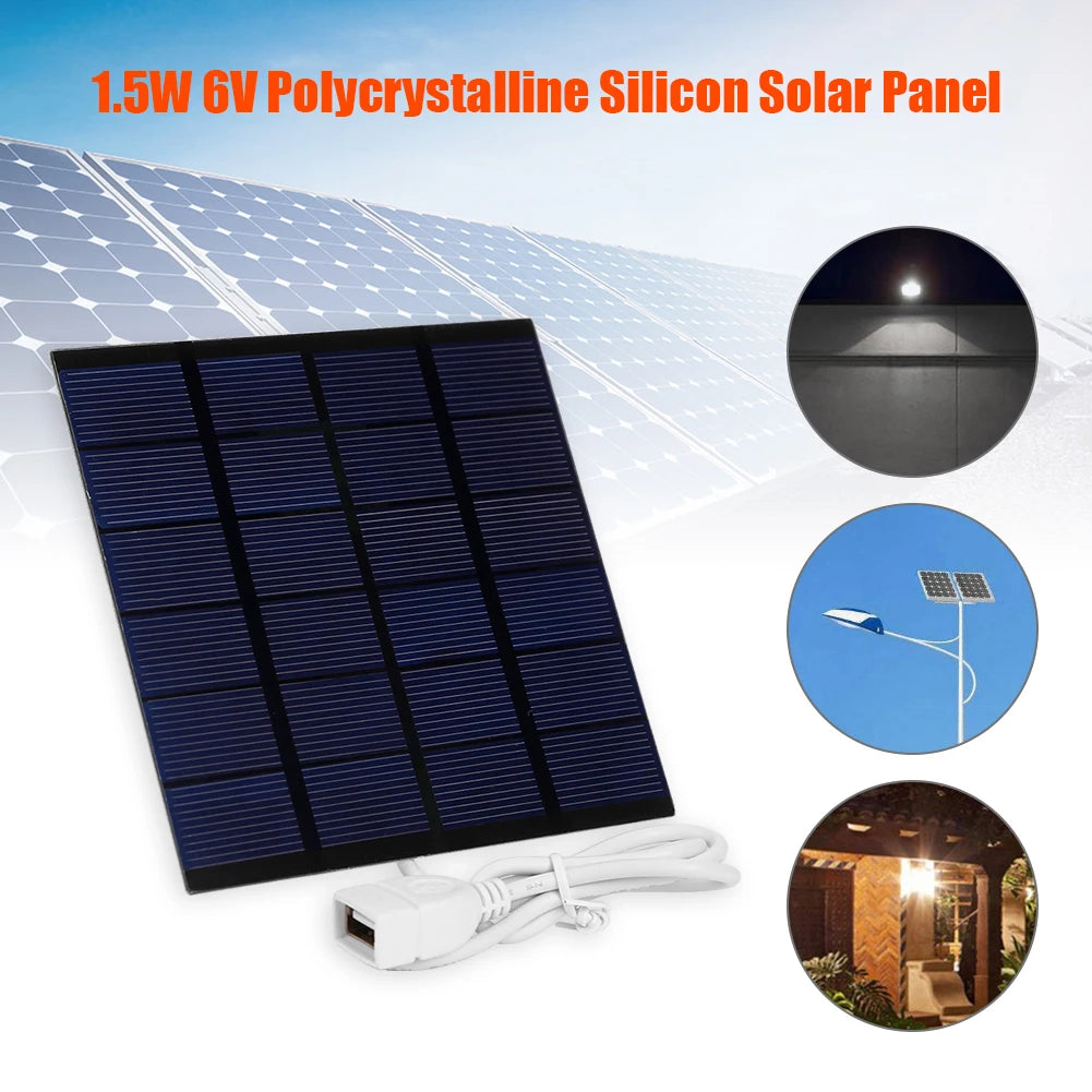 USB Solar Panel, High-efficiency polycrystalline silicon solar panel producing 6V, 1.5W for reliable energy harvesting.