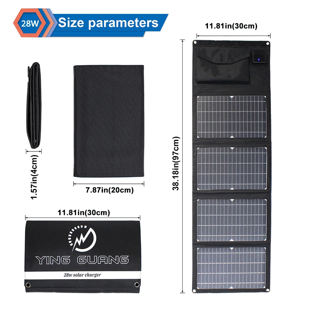 Upgraded 28W 21W 14W Portable Solar Panel, Compact solar charger for camping with 28W power output and 11.81x7.87 inch design.