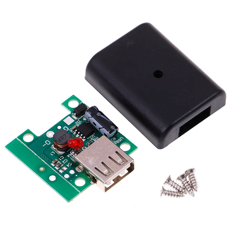 Solar-powered USB charger regulator with cover screws, suitable for DC-DC conversion from 4.5V to 20V.