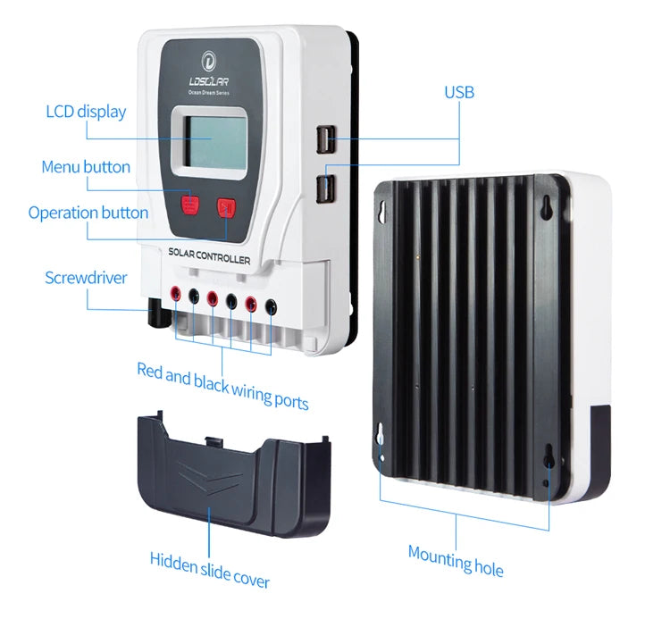 LDSOLAR 12V/24Vdc 60A PWM Solar Charge Controller, Solar charge controller with LCD display, buttons, and screwdriver access for easy installation.