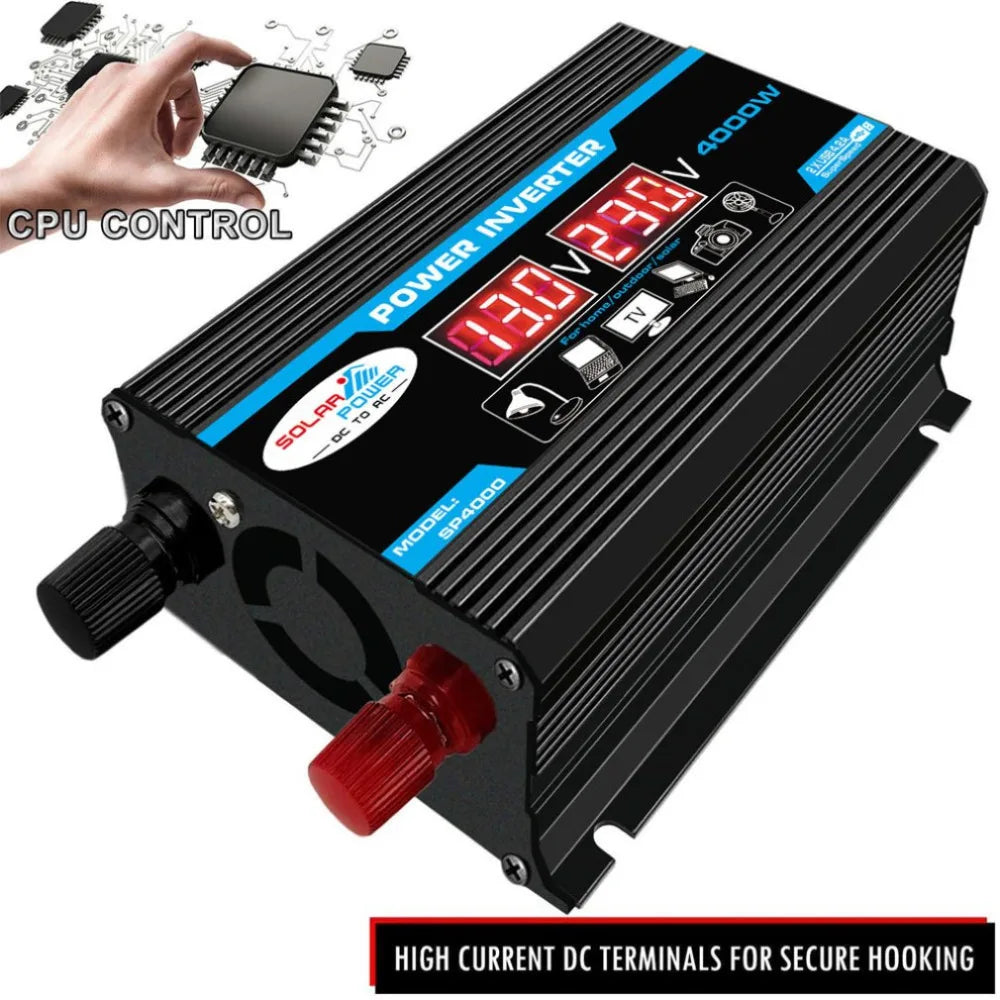 4000W 12V 220V/110V LED Ac Car Power Inverter, Inverter features reliable 4000W output for car, RV, or off-grid use with secure CPU control and high current DC terminals.