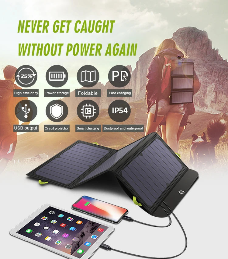 Solar charger with 2 USB ports, high-efficiency power storage, and smart charging features.