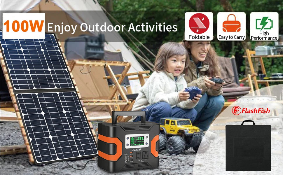 FF Flashfish 100W 18V Portable Solar Panel, Portable solar charger for outdoor adventures, ideal for RVs and camping.