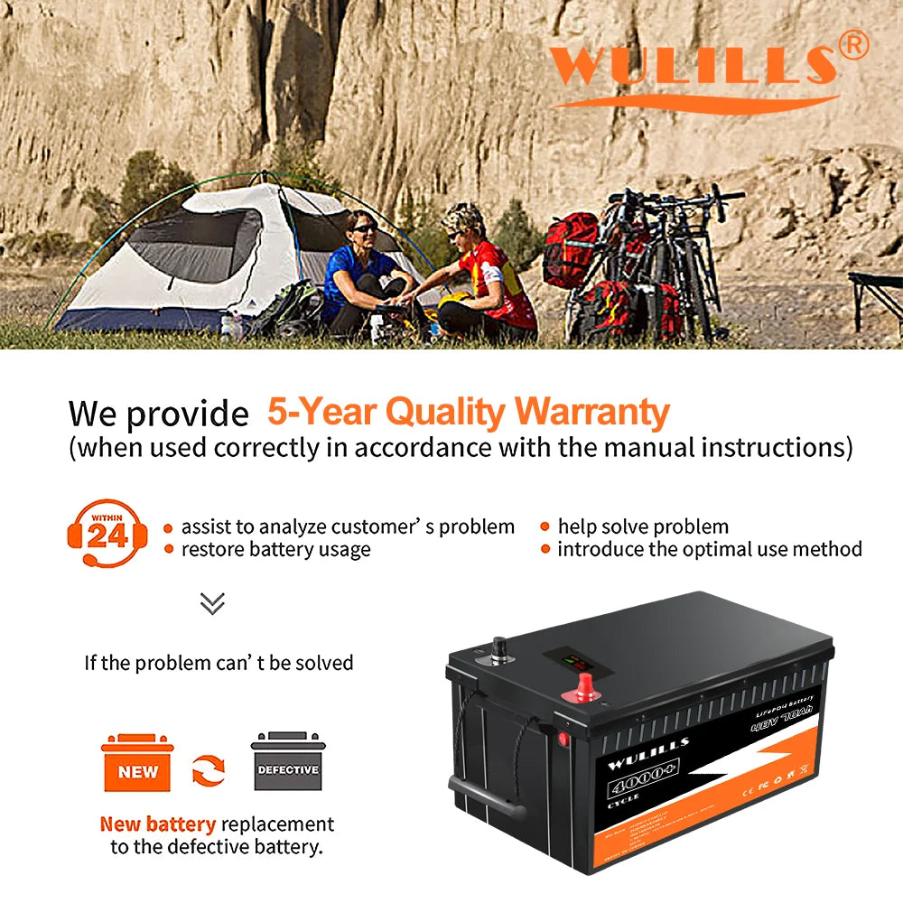 New 48V 70Ah LiFePO4 Battery, WULI's 5-year warranty includes 24/7 support for LiFePO4 battery pack, replacing defective ones if needed.