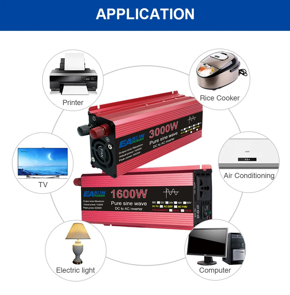 1000W 1600W 2200W 3000W Pure Sine Wave Inverter, Inverter converts DC to AC power for various appliances up to 3000W.