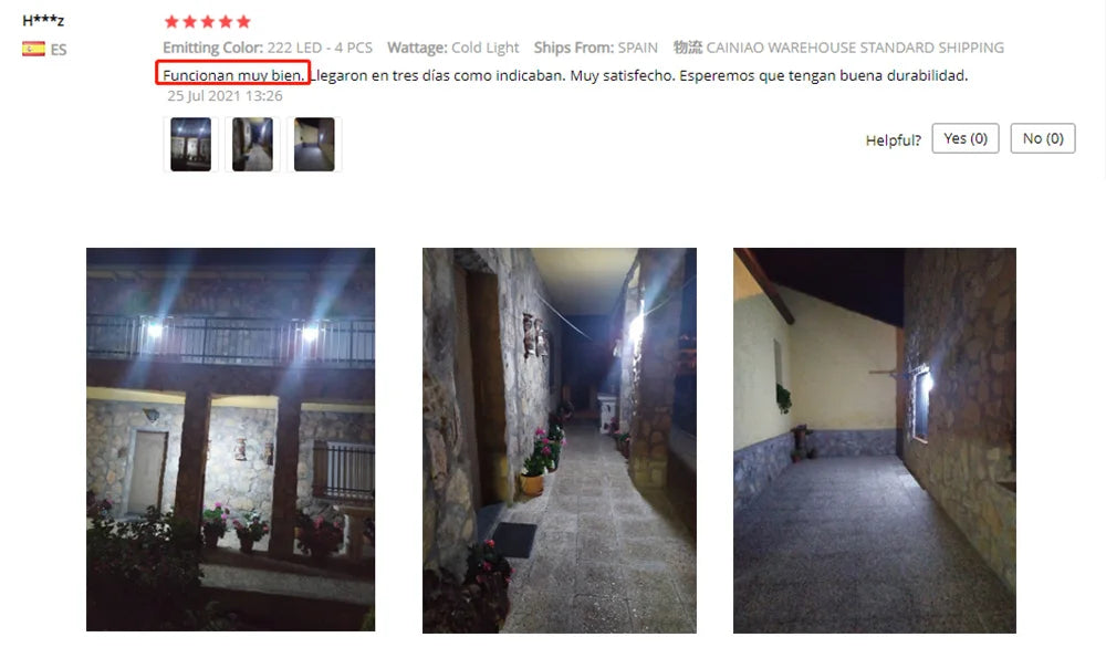 230 LED Solar Outdoor Garden Light, Works well under bright cold light; shipped promptly from Spain via Cainiao warehouse.