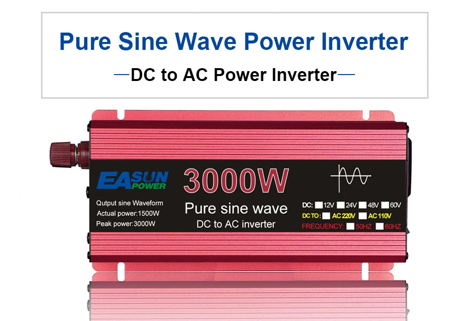 1000W 1600W 2200W 3000W Pure Sine Wave Inverter, Easower pure sine wave power inverter: converts DC to AC, 3000W peak/1500W continuous, 110V/220V output.