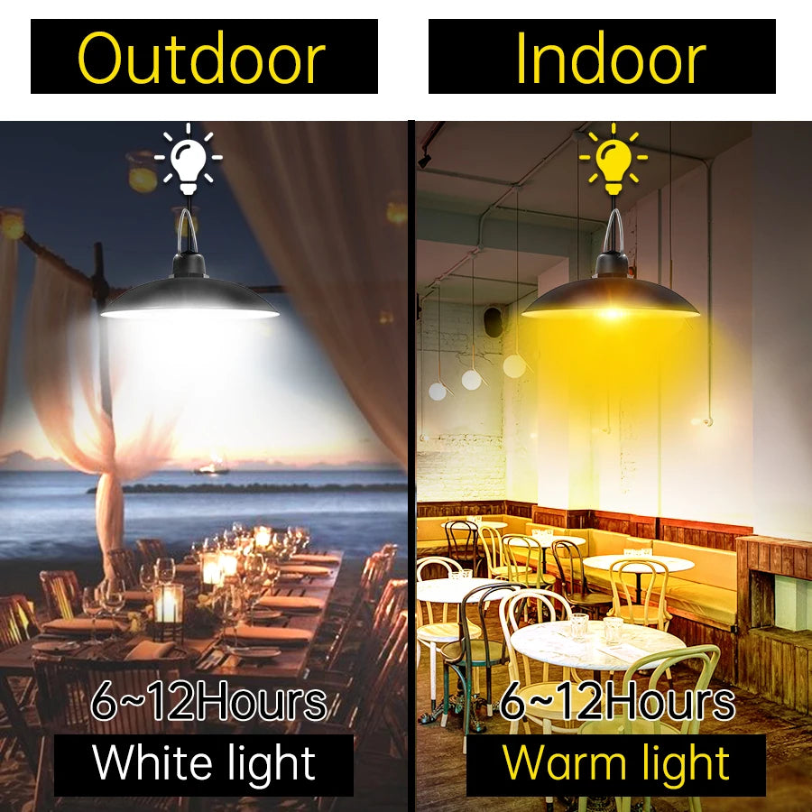 LED Solar Pendant Light, Operates up to 6-12 hours with white or warm lighting for indoor and outdoor use.