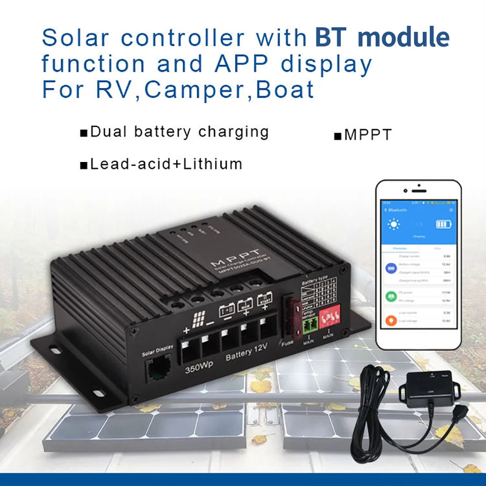 MPPT Controller, Smart solar charger with Bluetooth and app display for RVs, campers, and boats.