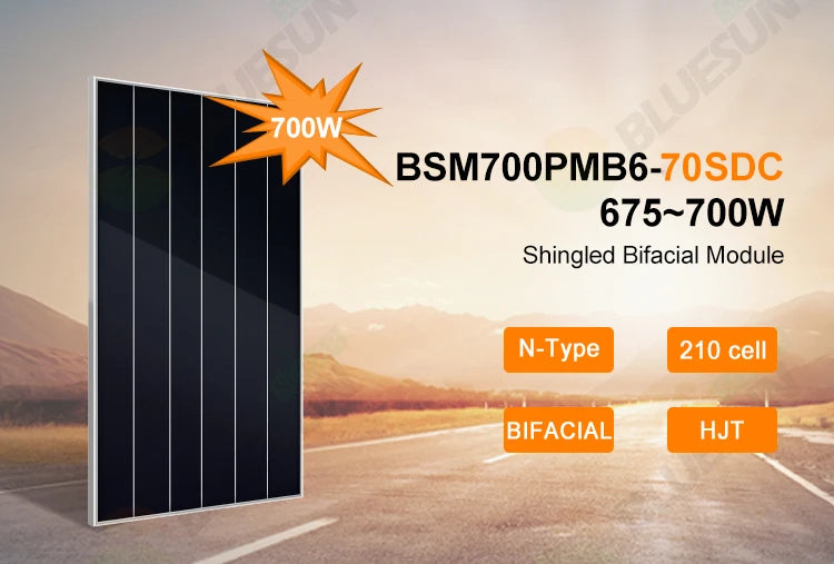700W Solar panel, High-performance monocrystalline bifacial solar module with 210 cells and advanced technology.