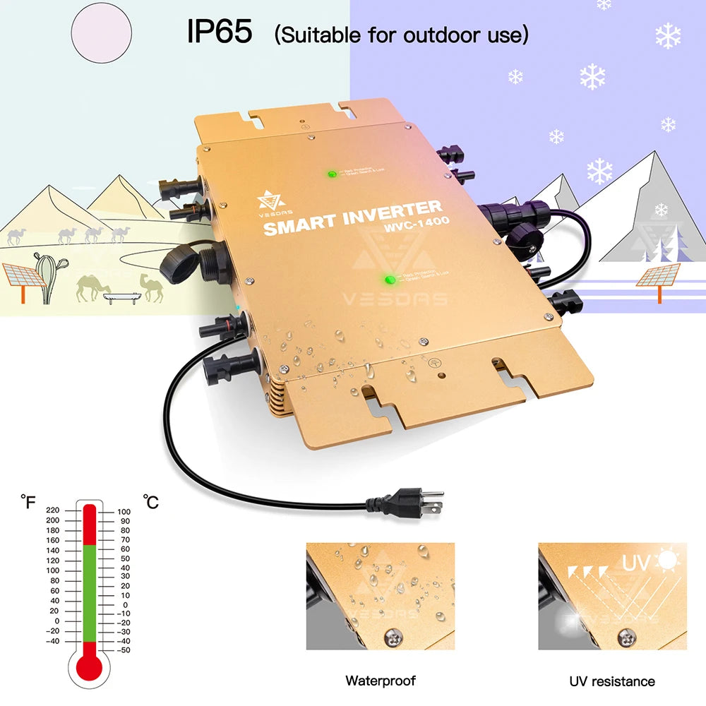 MPPT 1400W Solar Micro Inverter, Waterproof and UV-resistant, suitable for extreme temperatures (-40°C to 220°F), for outdoor use.