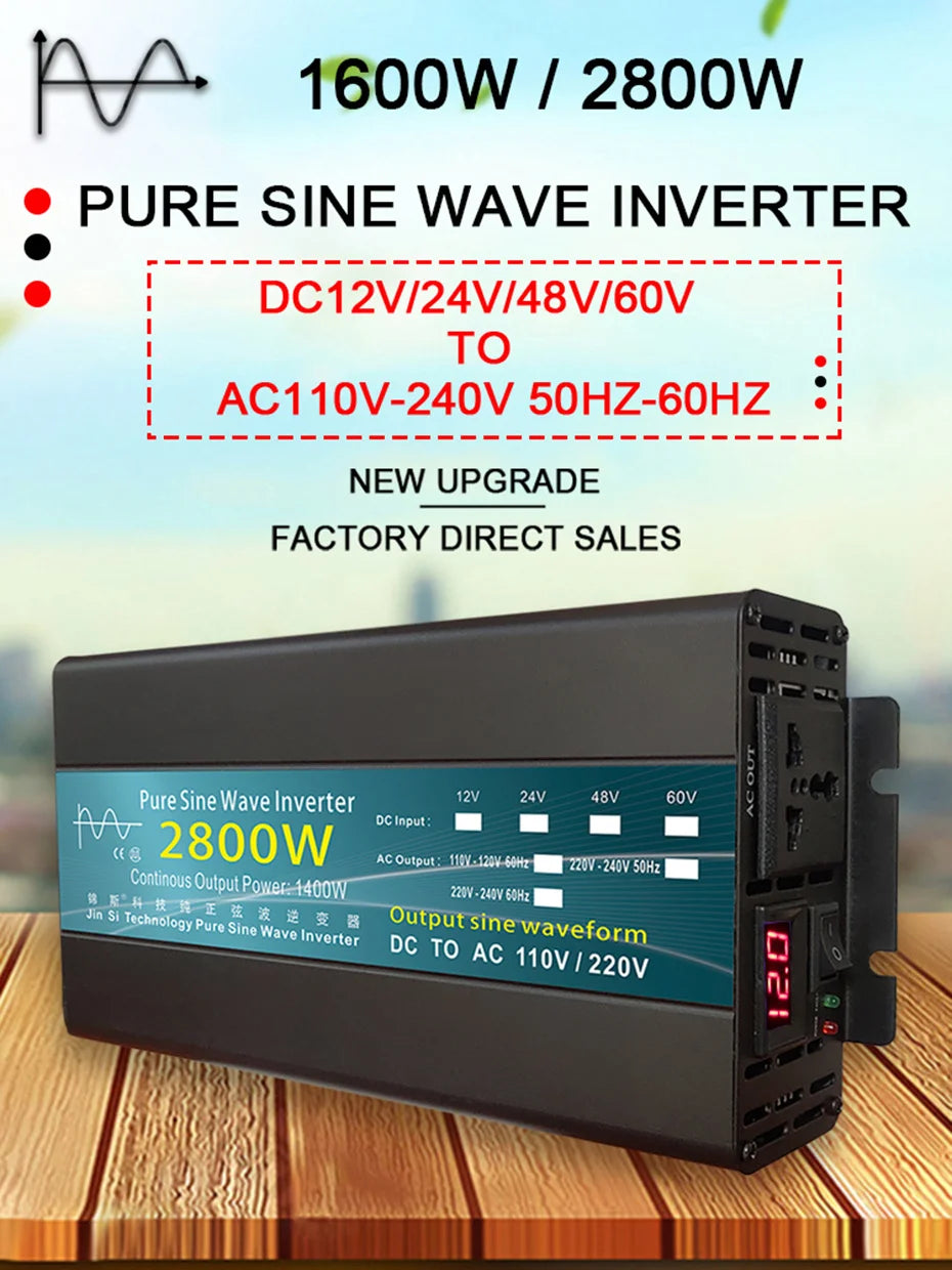 Pure Sine Wave Inverter, DC-DC converter converts solar power to AC, suitable for various appliances, with display and adjustable voltage.