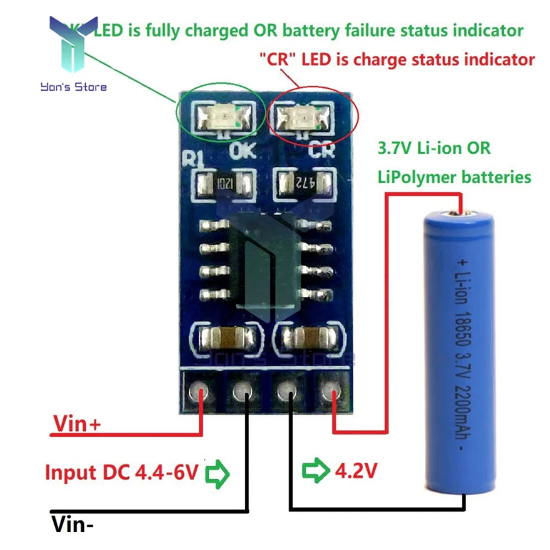 3.7V 4.2V 1A 18650 LiPo Li-ion Lithium Battery, Charges lithium-ion batteries (18650 LiPo/LiPolymer) with 3.7V or 4.2V input.