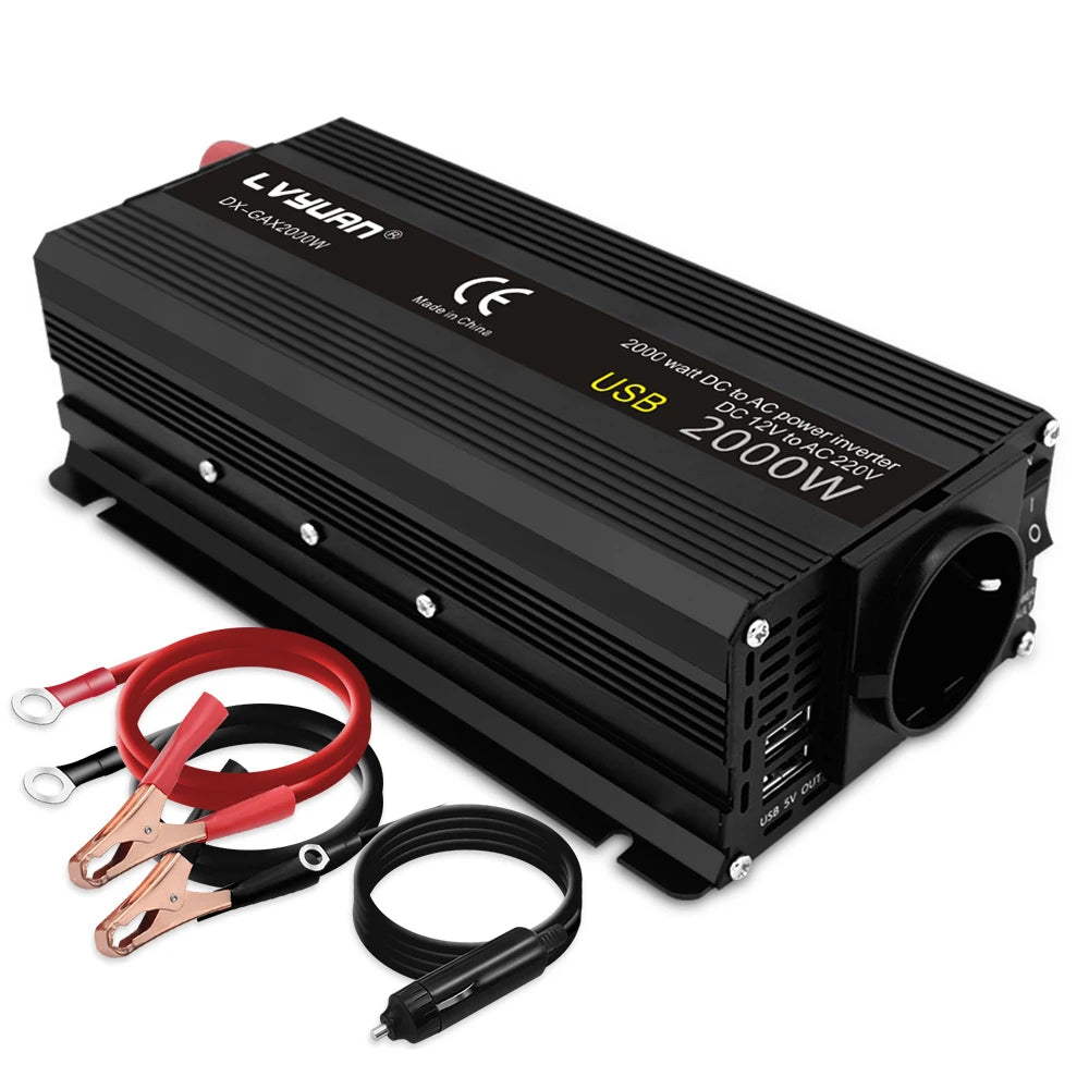 1500W/2000W Solar Power Inverter, Converts 12V DC power to 220V AC for charging devices via EU socket or car cigarette lighter.