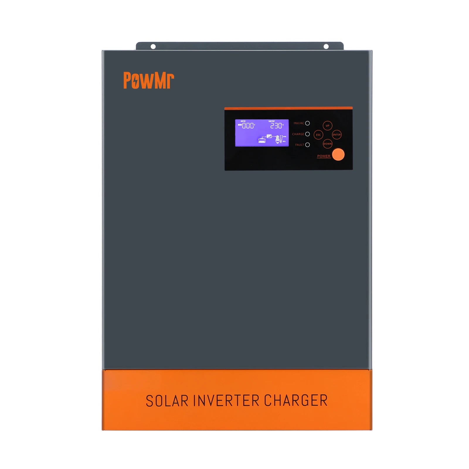 Faulty solar inverter charger for POW-HVM5.5K-48V/-P, with 230V AC charge and fault indication.