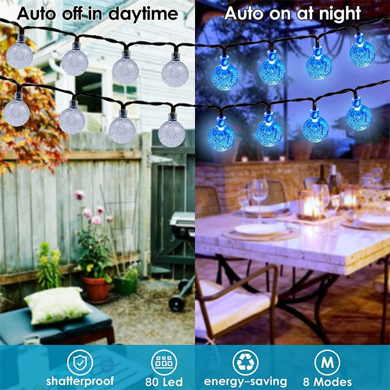 Solar String Light, Nighttime mode features 80 LEDs with 8 modes, turning off during the day and back on at night.