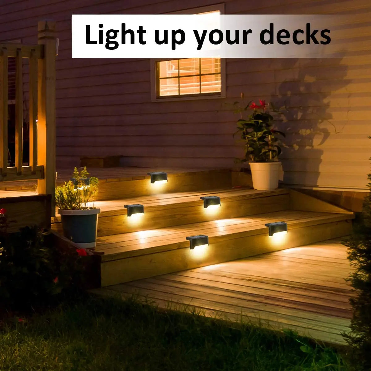 Solar deck lights with Ni-MH solar cell, waterproof IP65 rating, LED bulbs, and ABS body material.