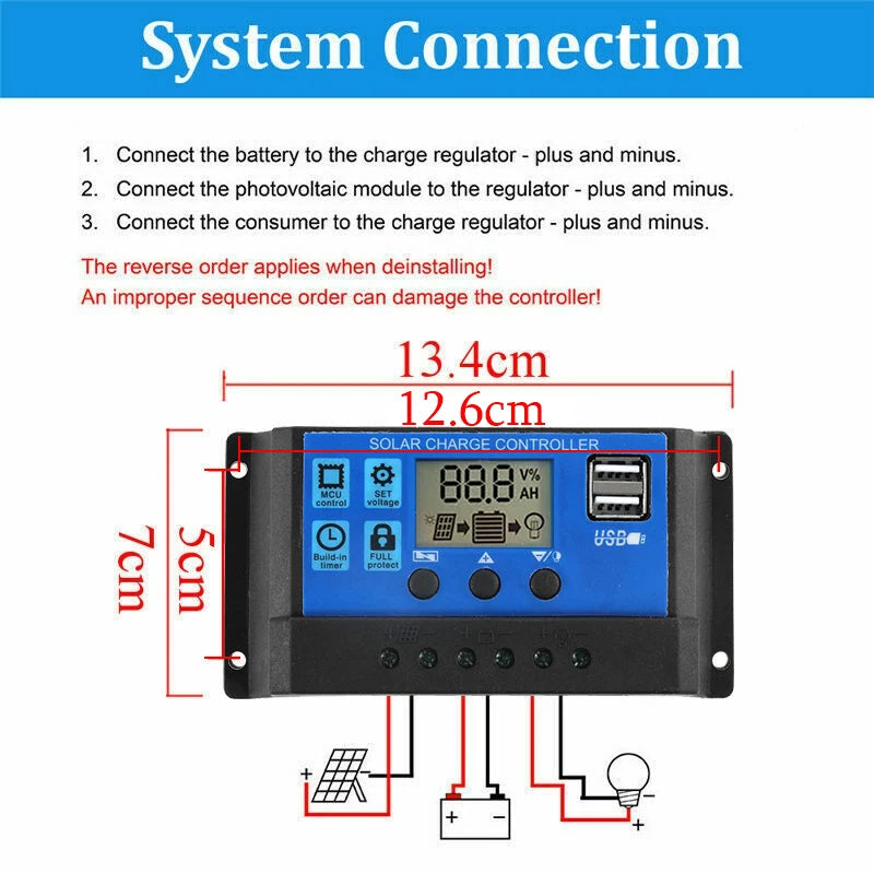 1000W Solar Panel, Connect solar panel to regulator, then battery, and finally device; disconnect in reverse order for safety.
