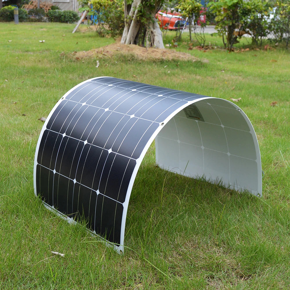 Flexible solar panel for cars, boats, and homes with waterproof design.