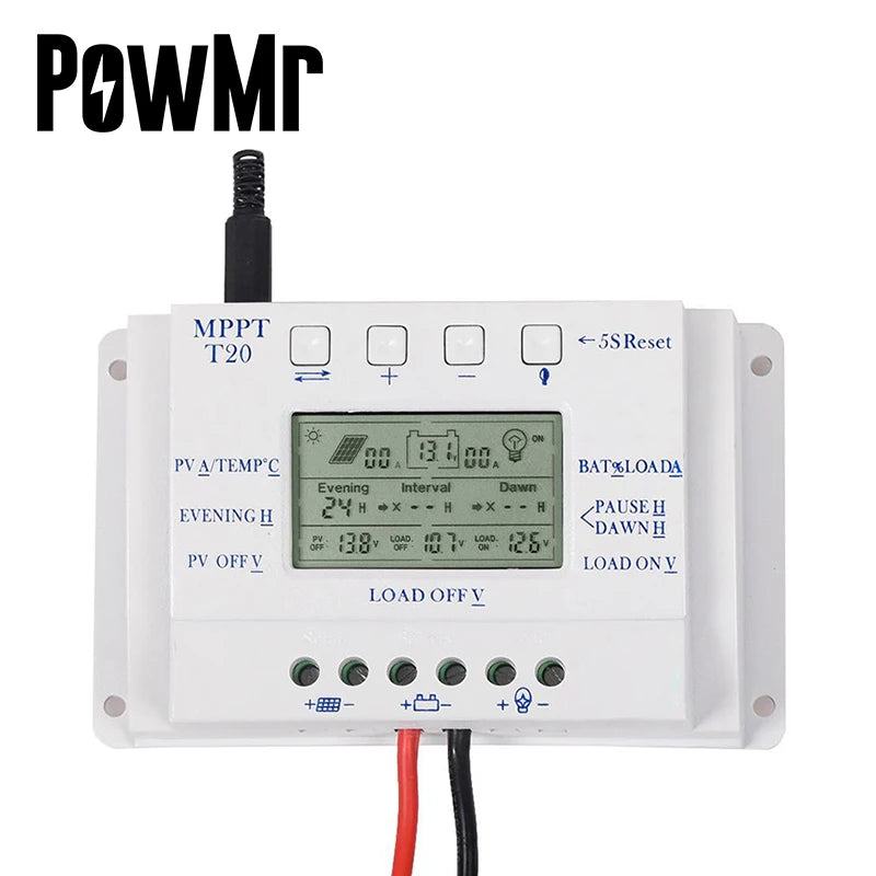 MPPT Solar Charger with LCD Display for 12V/24V Systems, featuring timer control and load lighting.
