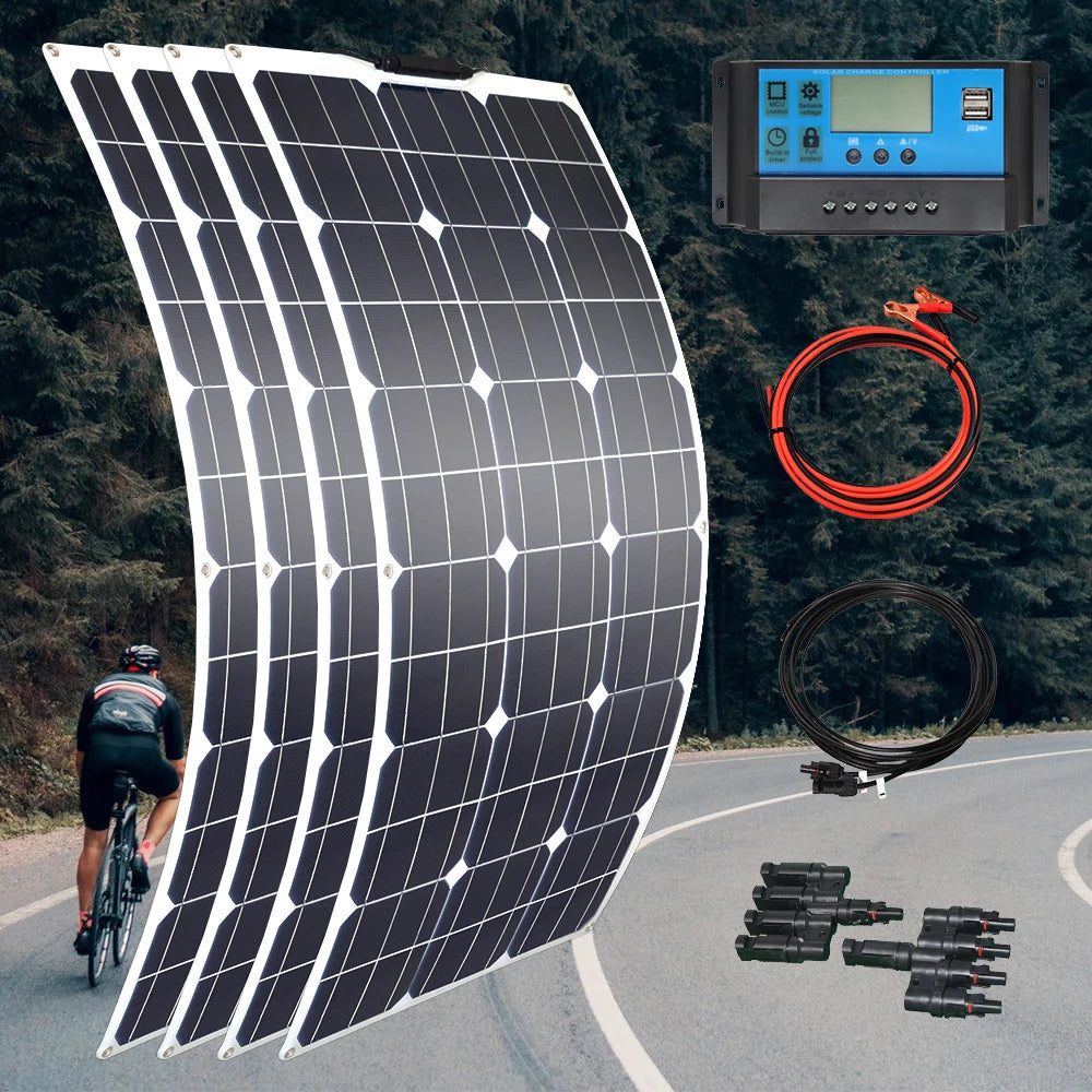 100w 200w 300w 400w Flexible Solar Panel, Flexible solar panel with PWM controller for charging 12V or 24V batteries in RVs, boats, cars, and homes.