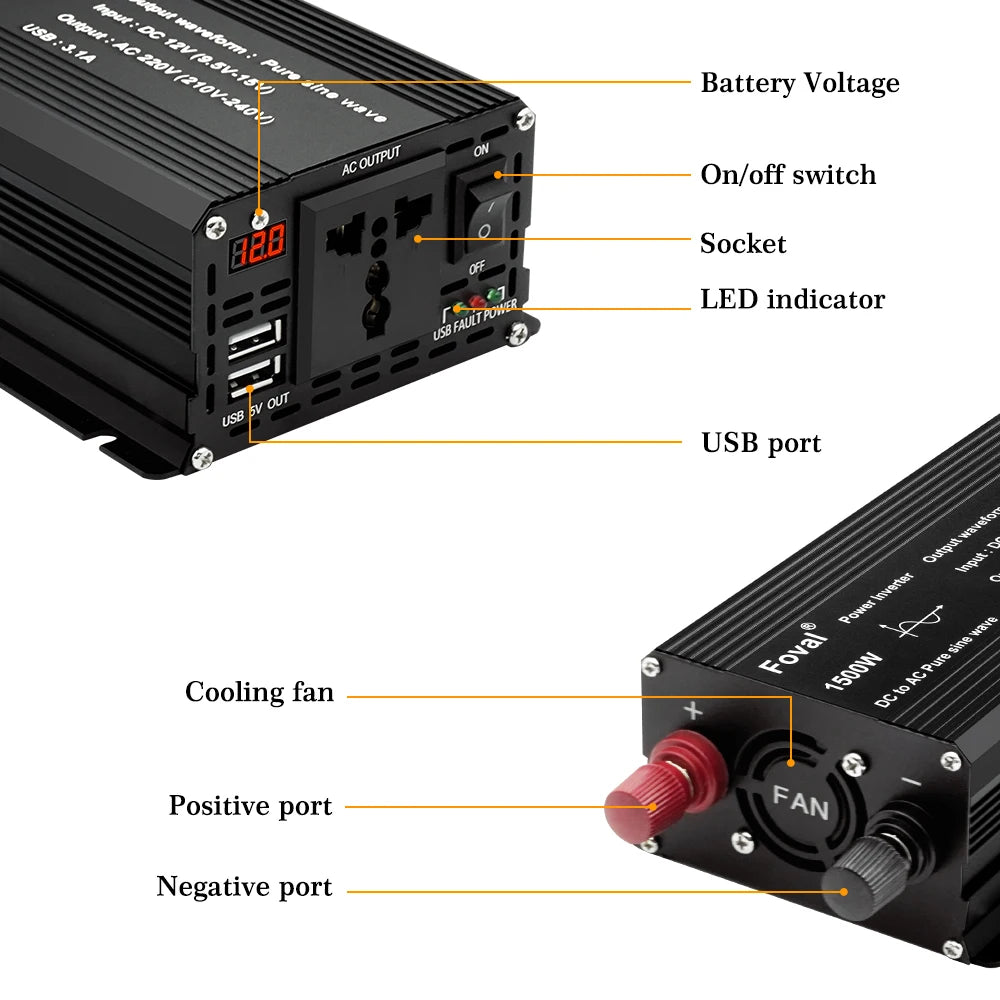 DC 12V to AC 220V Pure Sine Wave Inverter, DC-DC Inverter converts DC power to AC with pure sine wave output and various features.