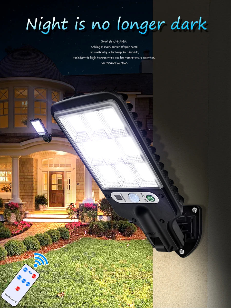 Solar Street Light, Compact solar lamp with 3 modes: bright, dim, or flash, perfect for patios, paths, and yards.