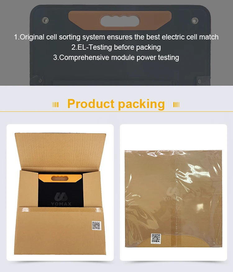 100W Portable Solar Panel, Quality control measures include cell sorting, testing, and power testing for reliable and efficient portable solar panels.