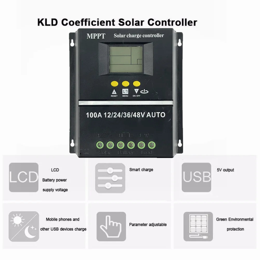 Solar controller with MPPT tech, auto-charge, LCD display, USB ports, and adjustable settings for 12V/24V/36V/48V systems.