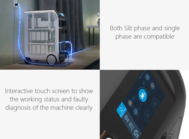 Bluesun 24V/48V 120Ah Solar Battery, Interactive touchscreen display shows system status and fault diagnoses for single-phase and three-phase systems.