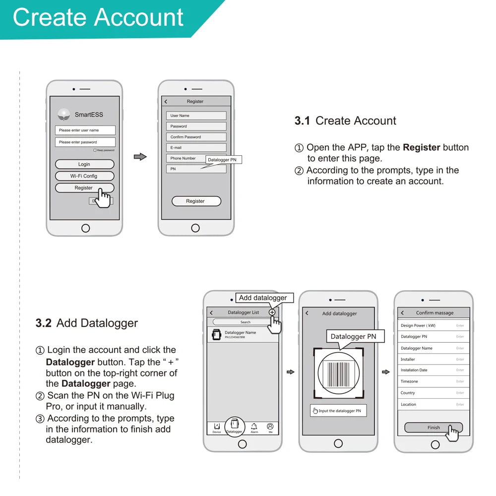 Create an account with SmartESS 3.1 by registering and installing a datalogger.