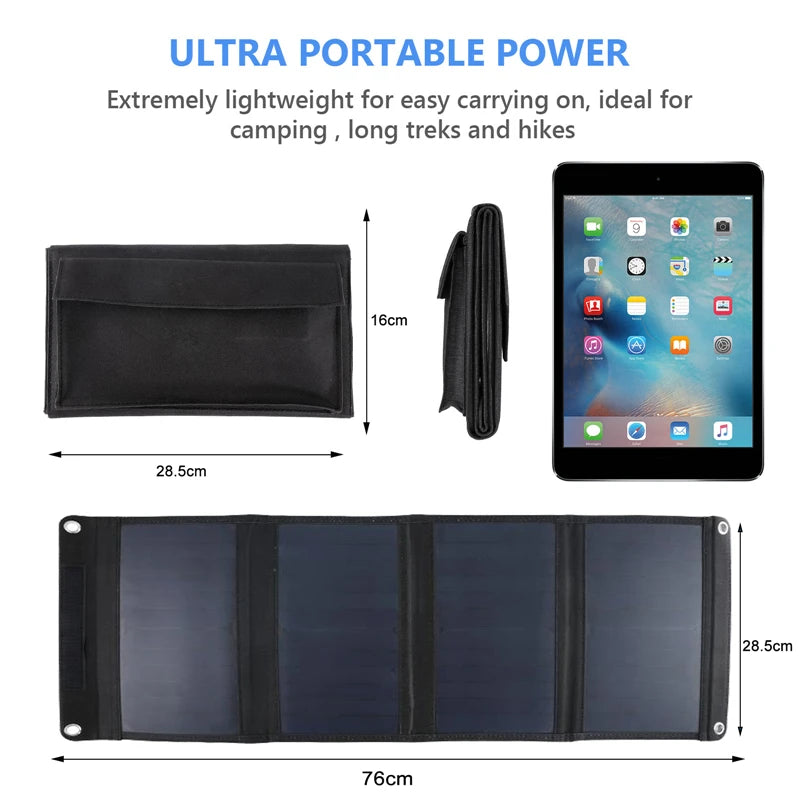 100W QC3.0 Fast Charge Solar Panel, Compact power source for outdoor adventures, measuring 76cm long for easy carrying on camping trips.
