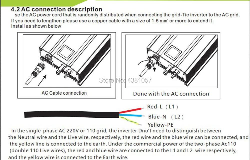 Connect MPPT solar grid tie inverter to AC power grid using provided cord; use copper cable if needed.