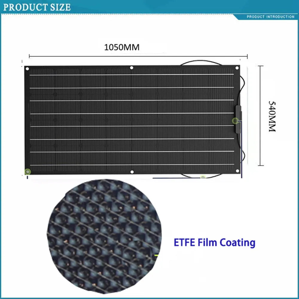 High-efficiency solar panel for 12V/24V battery charging, compact size (105mm) and semi-flexible design.