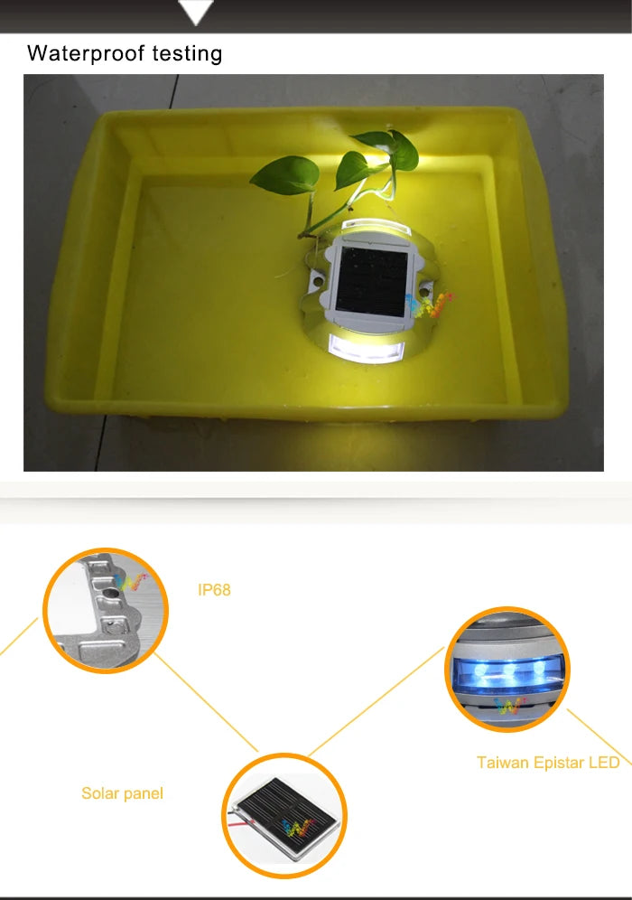 Waterproof LED light with epoxy coating, IP68 rating, and Epistar LED, powered by a Taiwanese solar panel.