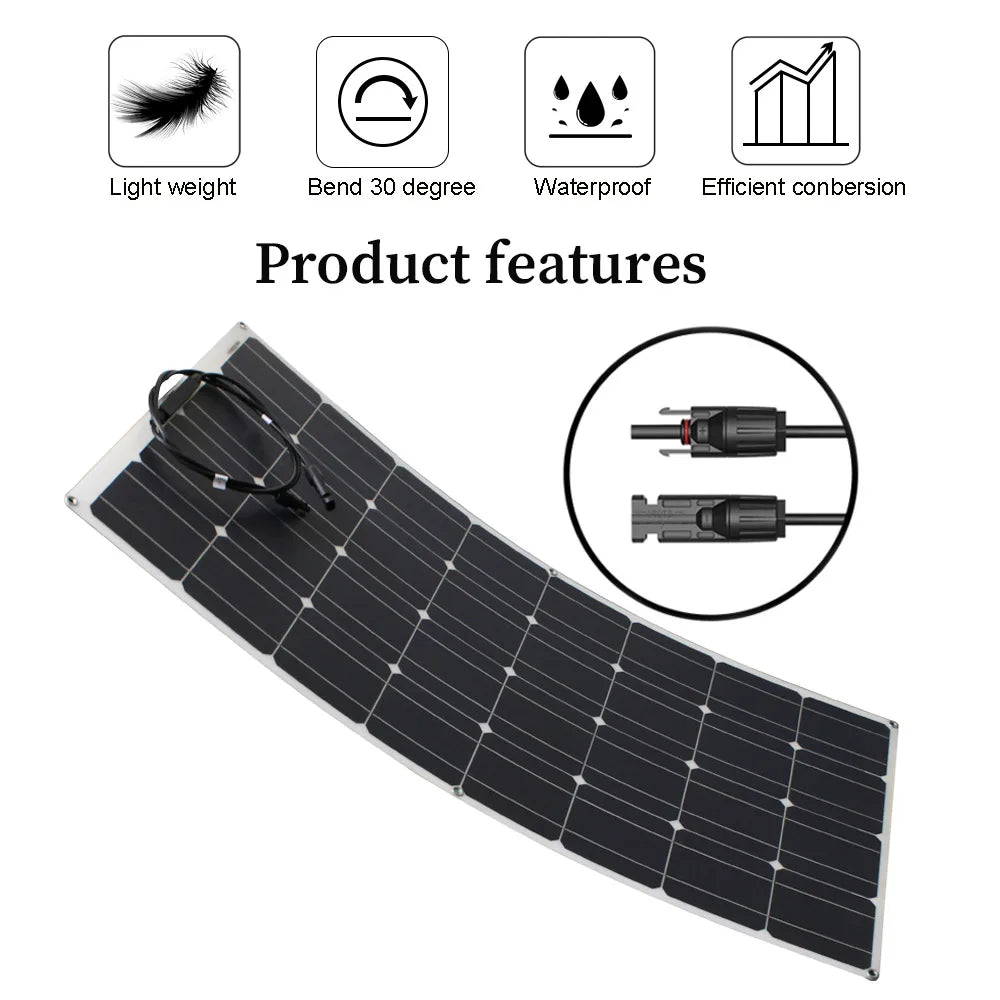 12V Flexible Solar Panel, Flexible 30° bendable solar panel with waterproof coating for efficient energy conversion.