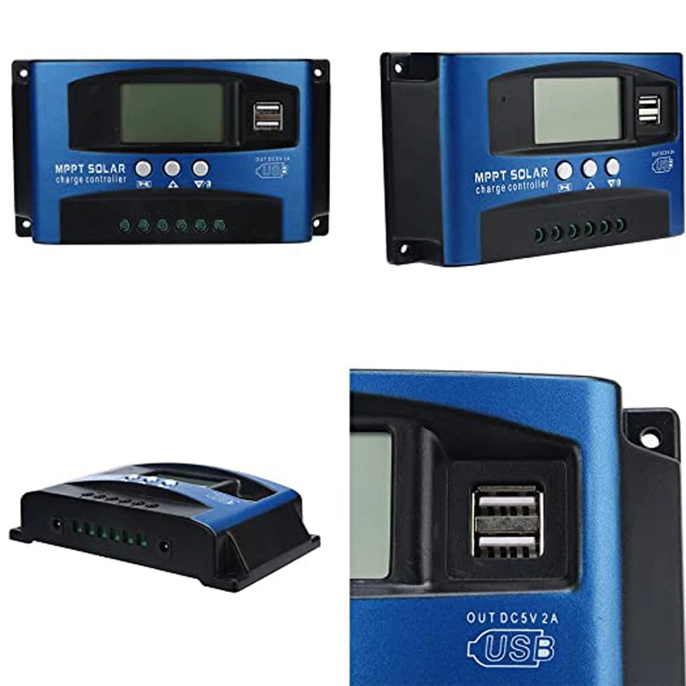 Regulates solar charge controller for 12V/24V batteries with 100A capacity and dual USB ports.