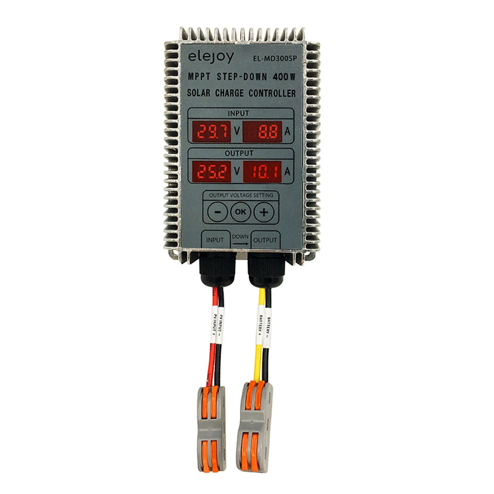 MPPT Solar Charge Controller with real-time tracking, adjustable voltage, LED display, and waterproof design for outdoor use.