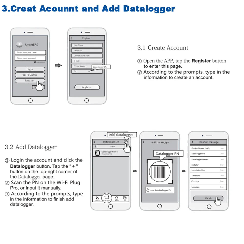 PowMr MPPT Solar Inverter, Create an account and add a datalogger by registering, logging in, and following prompts.