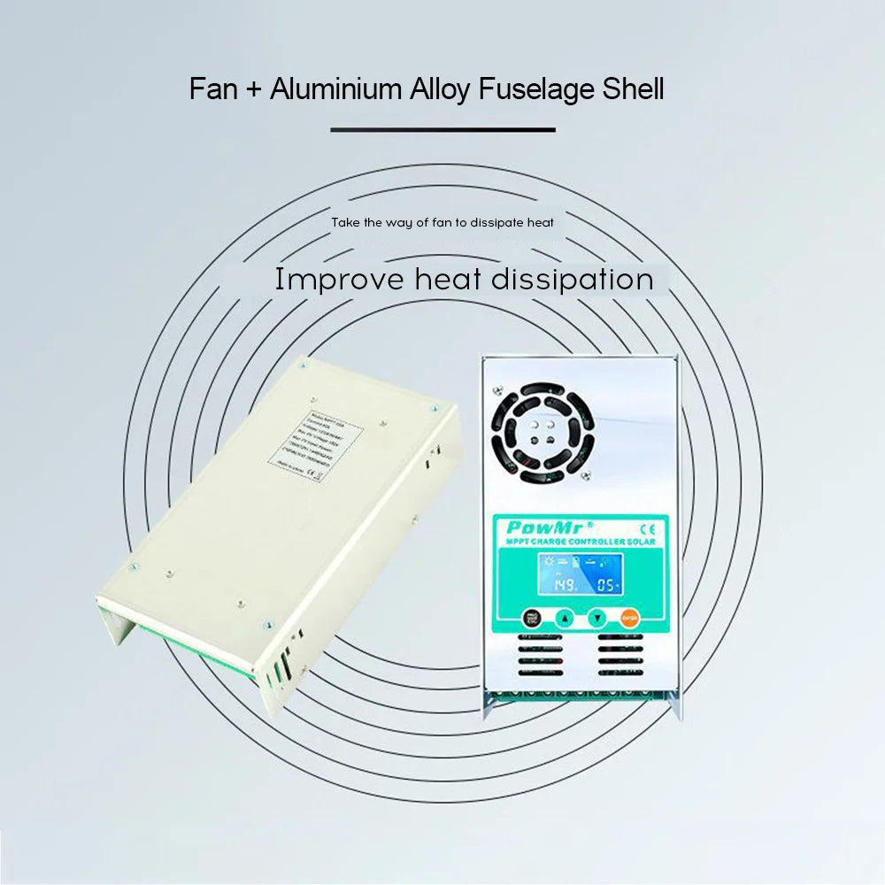 PowMr MPPT Solar Charge Controller, Aluminum shell with fan-cooling for efficient heat dissipation.