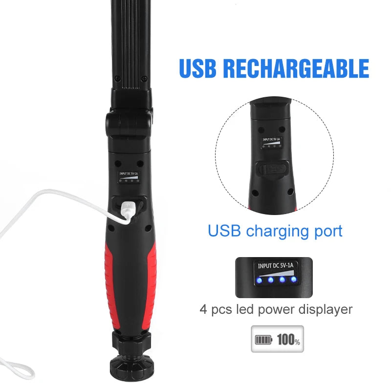 15W 45LED Emergency Floodlight, USB rechargeable with 5V-1A input, LED display shows power usage, and operates at 100% efficiency.