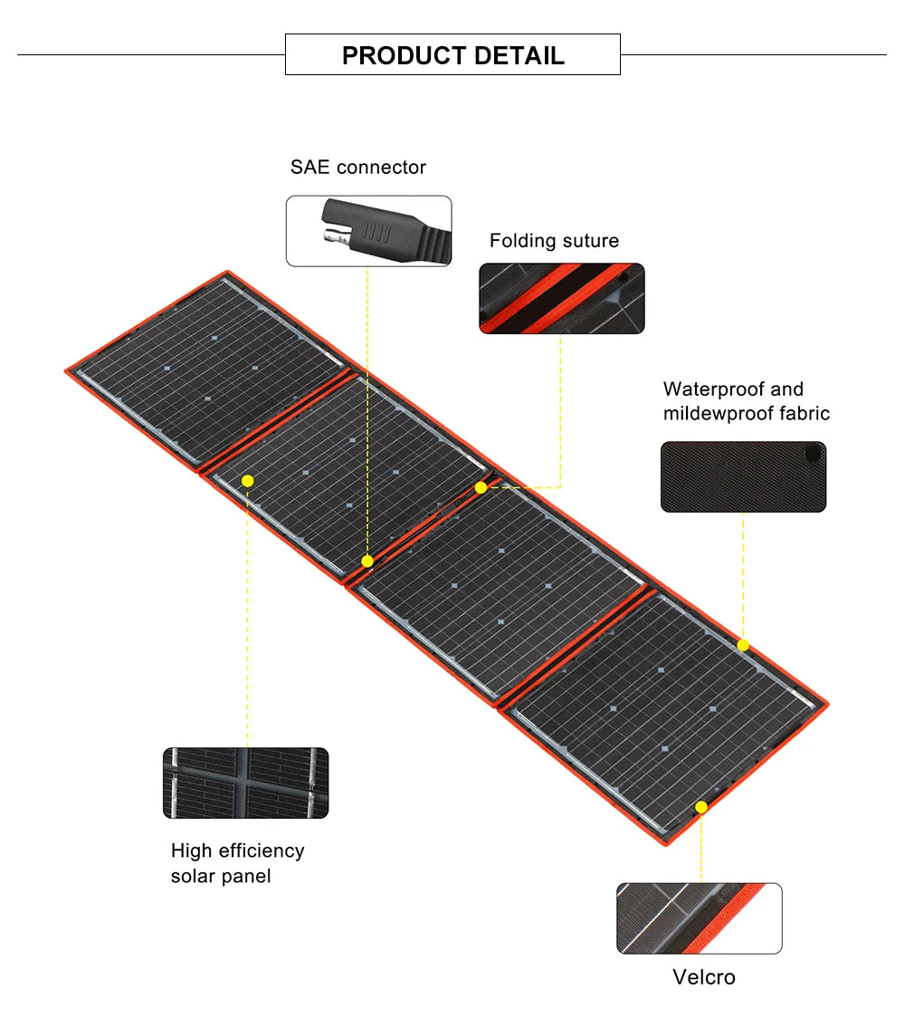 Waterproof & mildewproof folding solar panel with high-efficiency design and velcro closure for easy setup.
