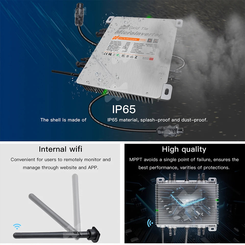 Grid-tie inverter with IP65 protection, internal WiFi, and MPPT technology for remote monitoring and control.